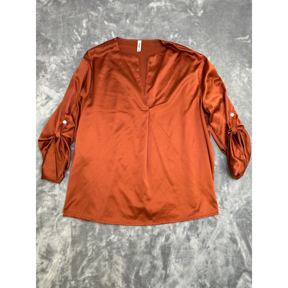 ePretty Chicago Rust Copper Satin Split V-Neck Roll-Tab Sleeve Blouse XL
